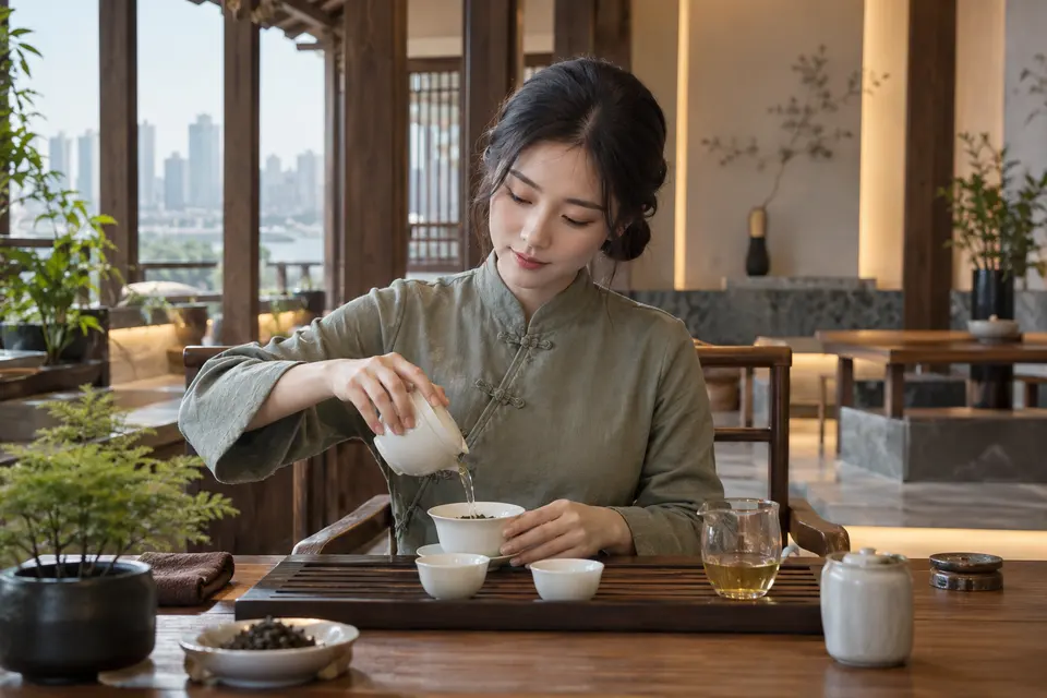 新中式茶席上以盖碗冲泡茶叶的场景，桌面摆放茶具