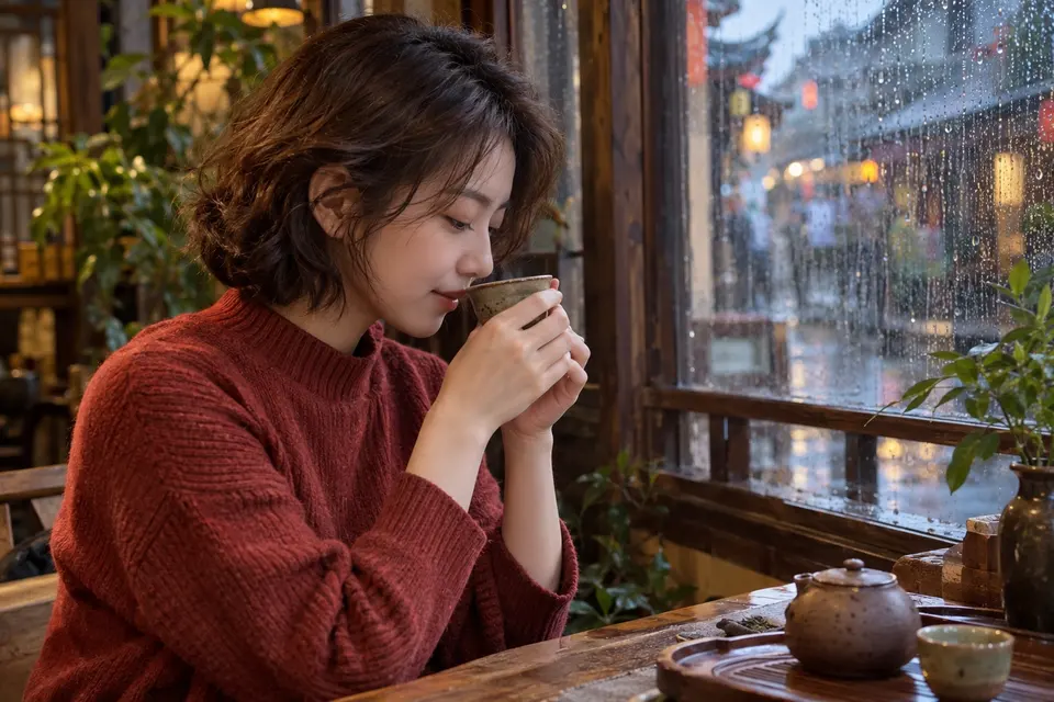 雨天窗边以陶杯闻香品茶的安静场景