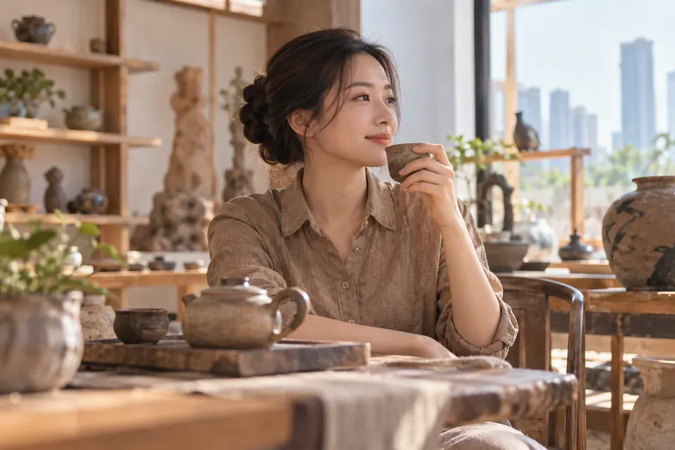 陶艺工作室中的陶制茶器与茶杯