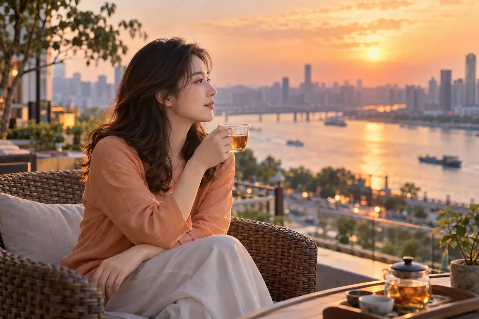 江景露台上以玻璃杯休闲品茶的场景，视野开阔